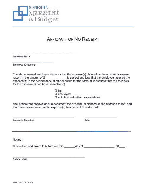 Form MMB-00612-01 Affidavit of No Receipt - Minnesota