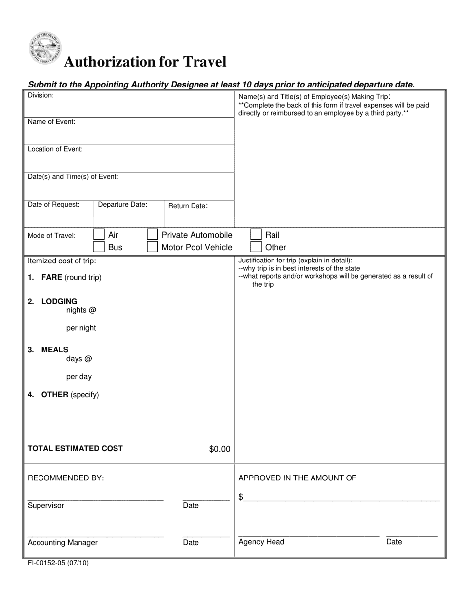Form FI-00152-05 Authorization for Travel - Minnesota, Page 1