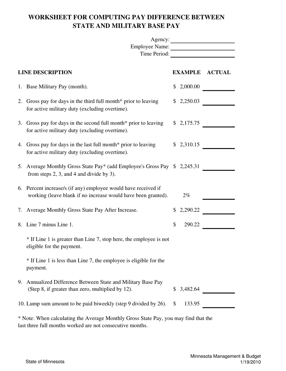 Worksheet for Computing Pay Difference Between State and Military Base Pay - Minnesota, Page 1