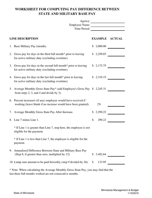 Worksheet for Computing Pay Difference Between State and Military Base Pay - Minnesota Download Pdf