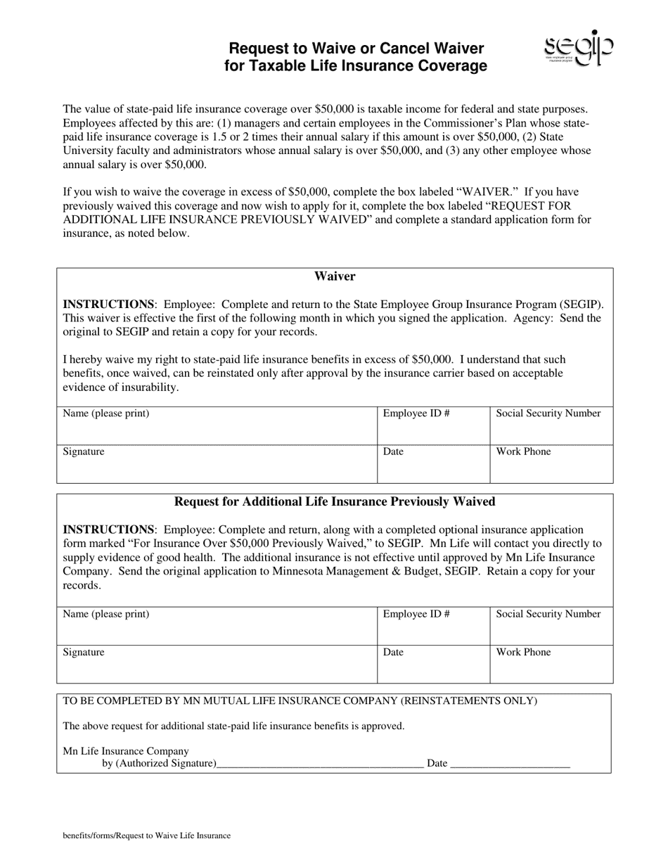 Request to Waive or Cancel Waiver for Taxable Life Insurance Coverage - Minnesota, Page 1