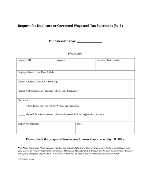 Form FI-00601-01 Request for Duplicate or Corrected Wage and Tax Statement (W-2) - Minnesota