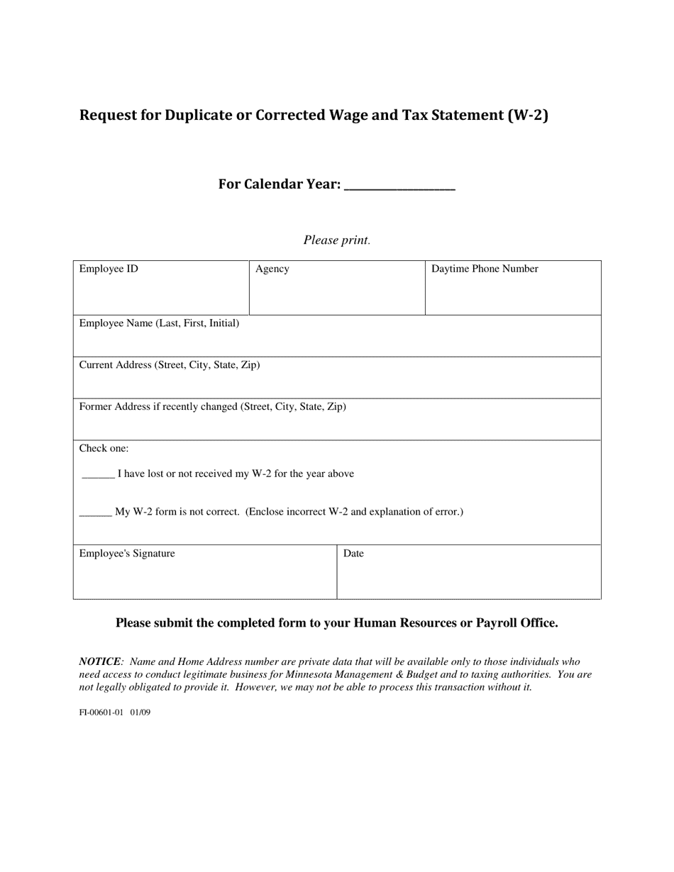 Form FI-00601-01 Request for Duplicate or Corrected Wage and Tax Statement (W-2) - Minnesota, Page 1