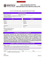 Document preview: Form MH617 Fax Cover for Transmitting Phi - County of Los Angeles, California