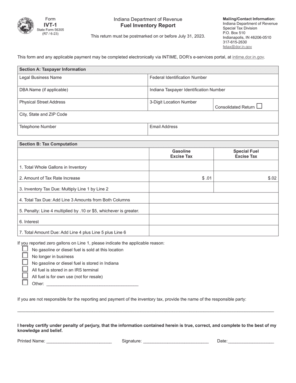 State Form 56305 (IVT-1) Fuel Inventory Report - Indiana, Page 1