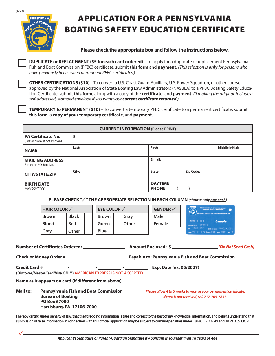 Application for a Pennsylvania Boating Safety Education Certificate - Pennsylvania, Page 1