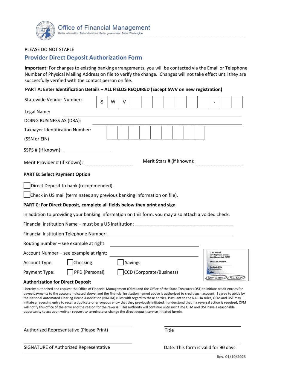 Provider Direct Deposit Authorization Form - Washington, Page 2