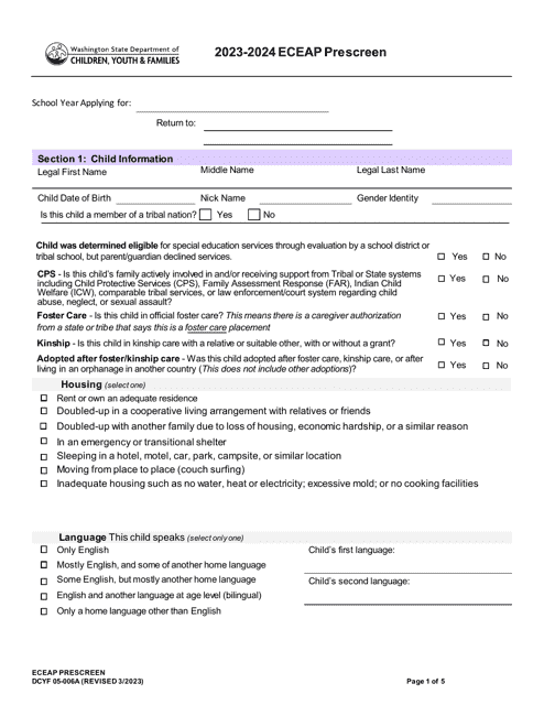 DCYF Form 05-006A Eceap Prescreen - Washington