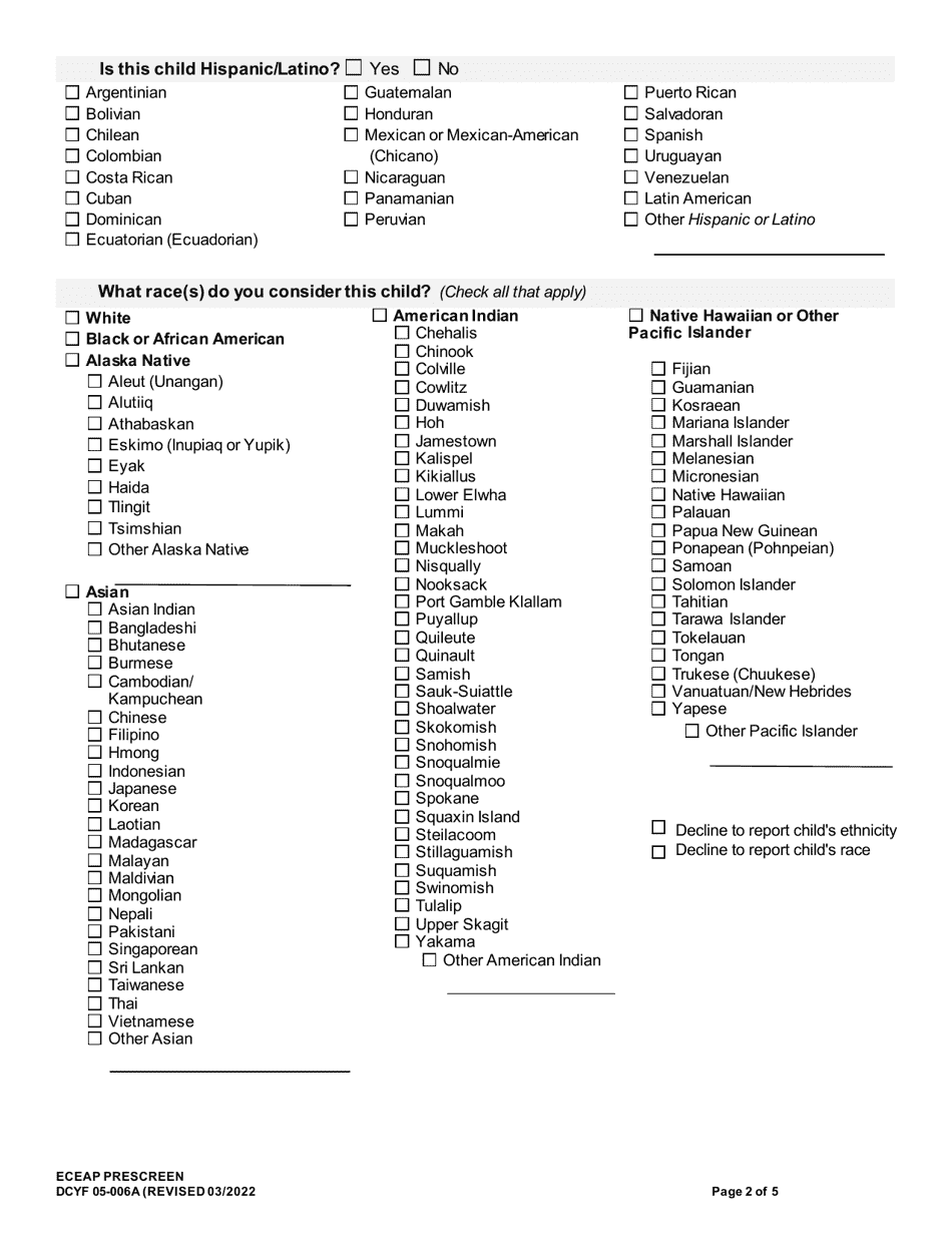 DCYF Form 05-006A Eceap Prescreen - Washington, Page 2