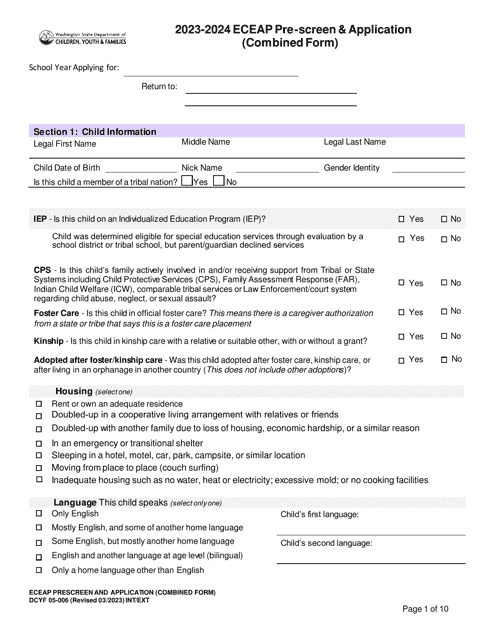 DCYF Form 05-006 Eceap Pre-screen & Application (Combined Form) - Washington, 2024