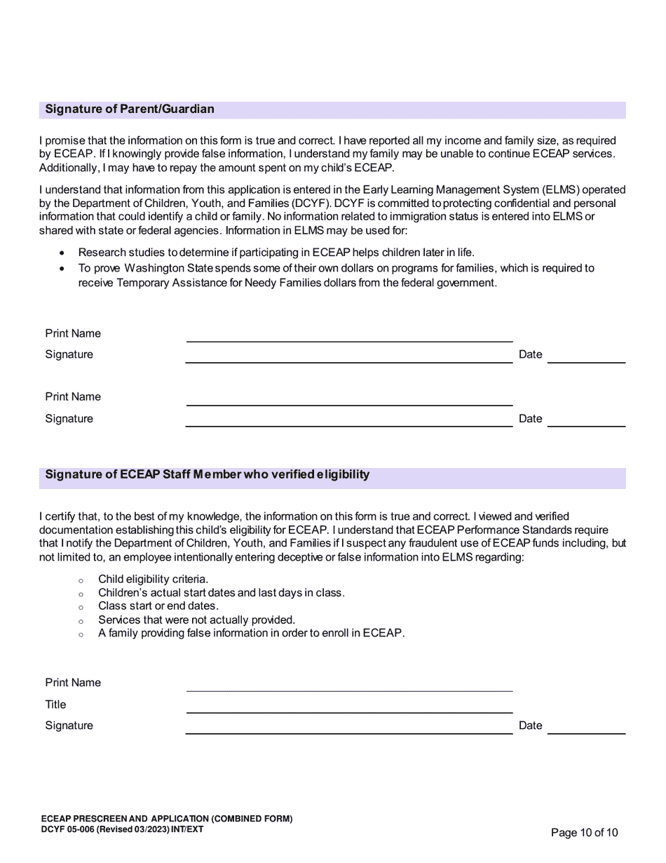 DCYF Form 05-006 Eceap Pre-screen  Application (Combined Form) - Washington, Page 10