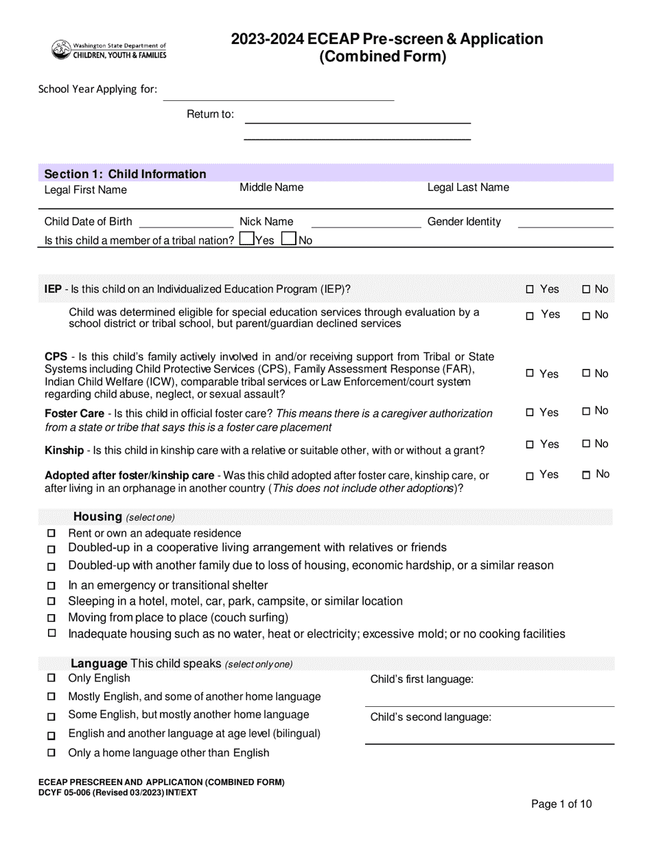 DCYF Form 05-006 Eceap Pre-screen  Application (Combined Form) - Washington, Page 1