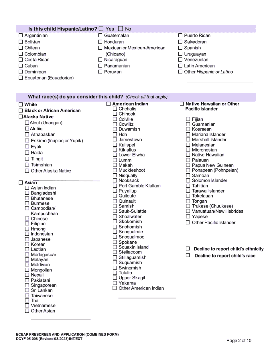 DCYF Form 05-006 Eceap Pre-screen  Application (Combined Form) - Washington, Page 2