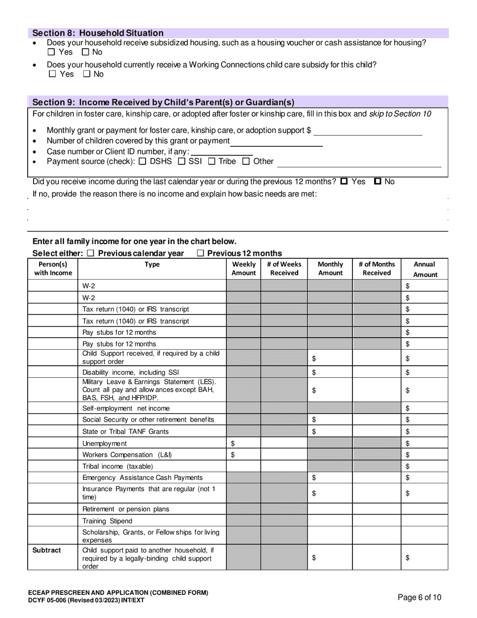 DCYF Form 05-006 Eceap Pre-screen  Application (Combined Form) - Washington, Page 6