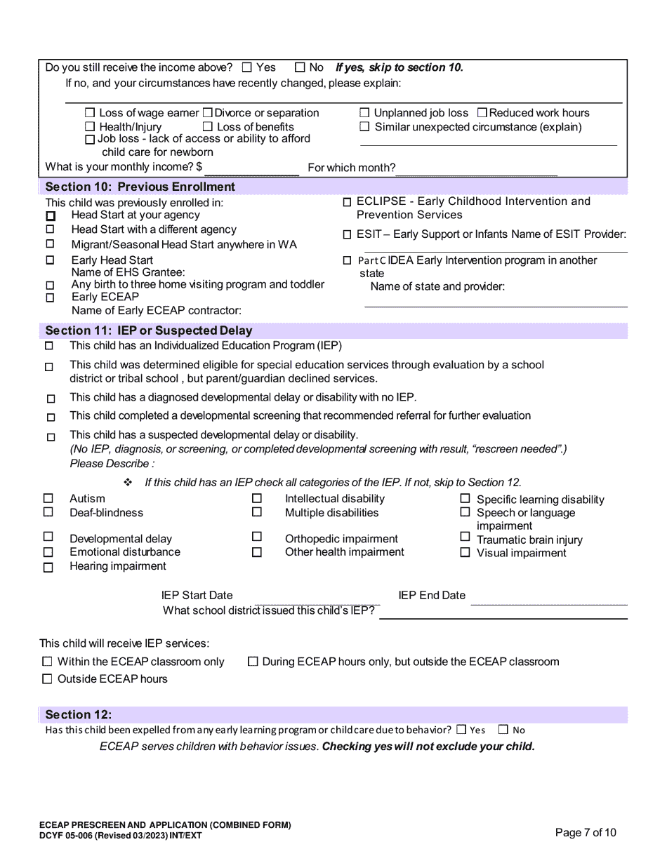 DCYF Form 05-006 Eceap Pre-screen  Application (Combined Form) - Washington, Page 7