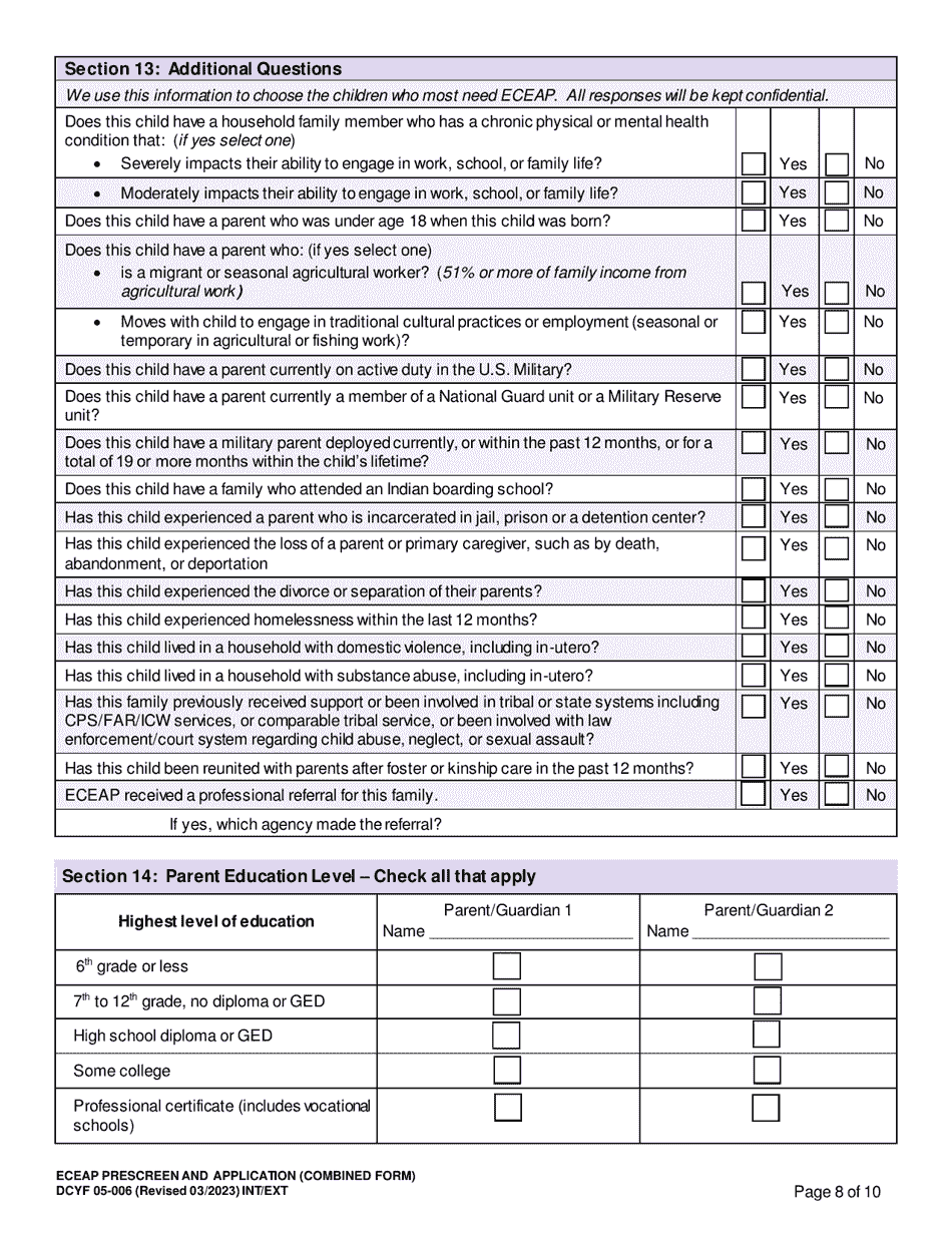 DCYF Form 05-006 Eceap Pre-screen  Application (Combined Form) - Washington, Page 8