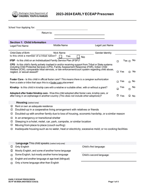 DCYF Form 05-008A Early Eceap Prescreen - Washington, 2024
