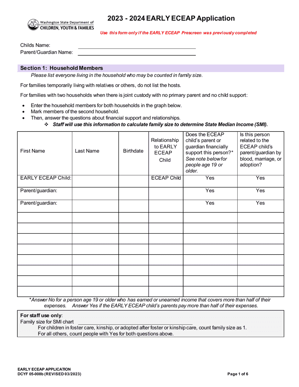 DCYF Form 05-008B Early Eceap Application - Washington, Page 1