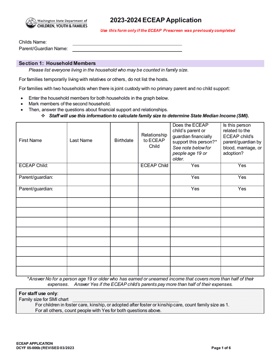 DCYF Form 05-006B Eceap Application - Washington, Page 1