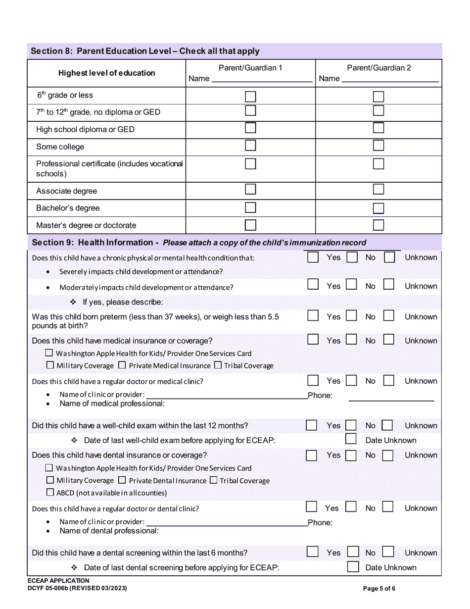 DCYF Form 05-006B Eceap Application - Washington, Page 5