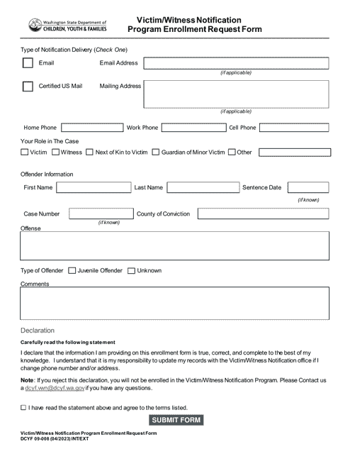 DCYF Form 09-008 Victim/Witness Notification Program Enrollment Request Form - Washington