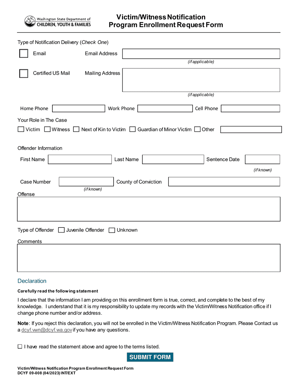 DCYF Form 09-008 Victim / Witness Notification Program Enrollment Request Form - Washington, Page 1