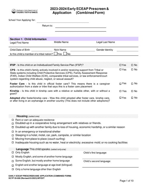 DCYF Form 05-008 Early Eceap Prescreen & Application (Combined Form) - Washington, 2024