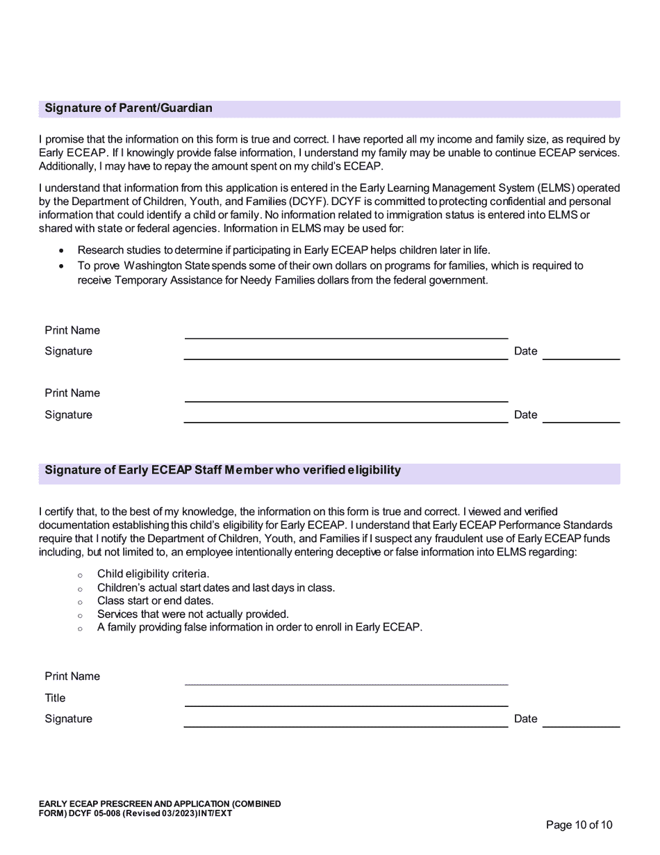 DCYF Form 05-008 Early Eceap Prescreen  Application (Combined Form) - Washington, Page 10
