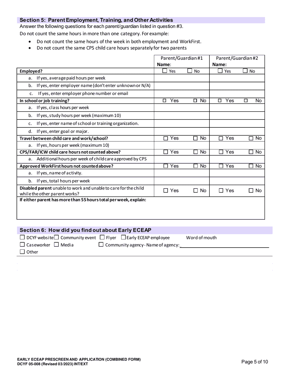 DCYF Form 05-008 Early Eceap Prescreen  Application (Combined Form) - Washington, Page 5