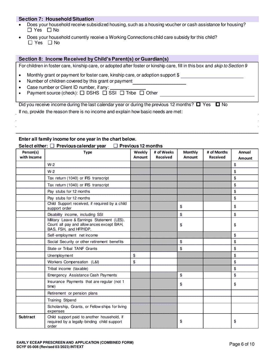 DCYF Form 05-008 Early Eceap Prescreen  Application (Combined Form) - Washington, Page 6