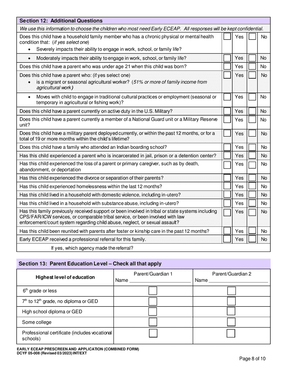 DCYF Form 05-008 Early Eceap Prescreen  Application (Combined Form) - Washington, Page 8