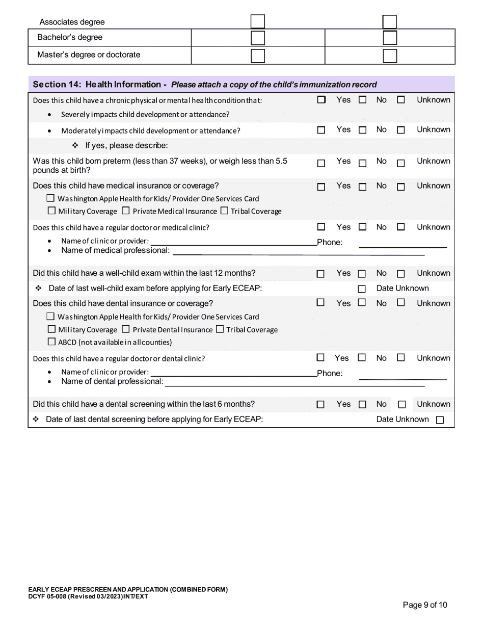 DCYF Form 05-008 Early Eceap Prescreen  Application (Combined Form) - Washington, Page 9