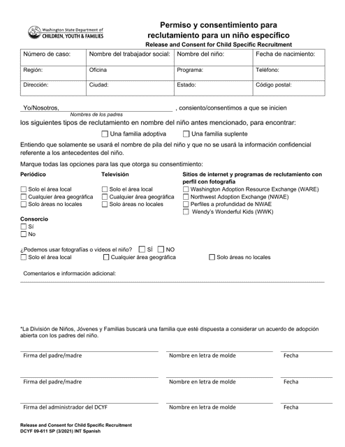 DCYF Formulario 09-611 Permiso Y Consentimiento Para Reclutamiento Para Un Nino Especifico - Washington (Spanish)