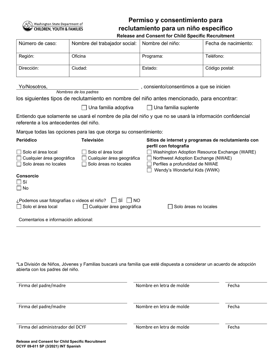 DCYF Formulario 09-611 Permiso Y Consentimiento Para Reclutamiento Para Un Nino Especifico - Washington (Spanish), Page 1