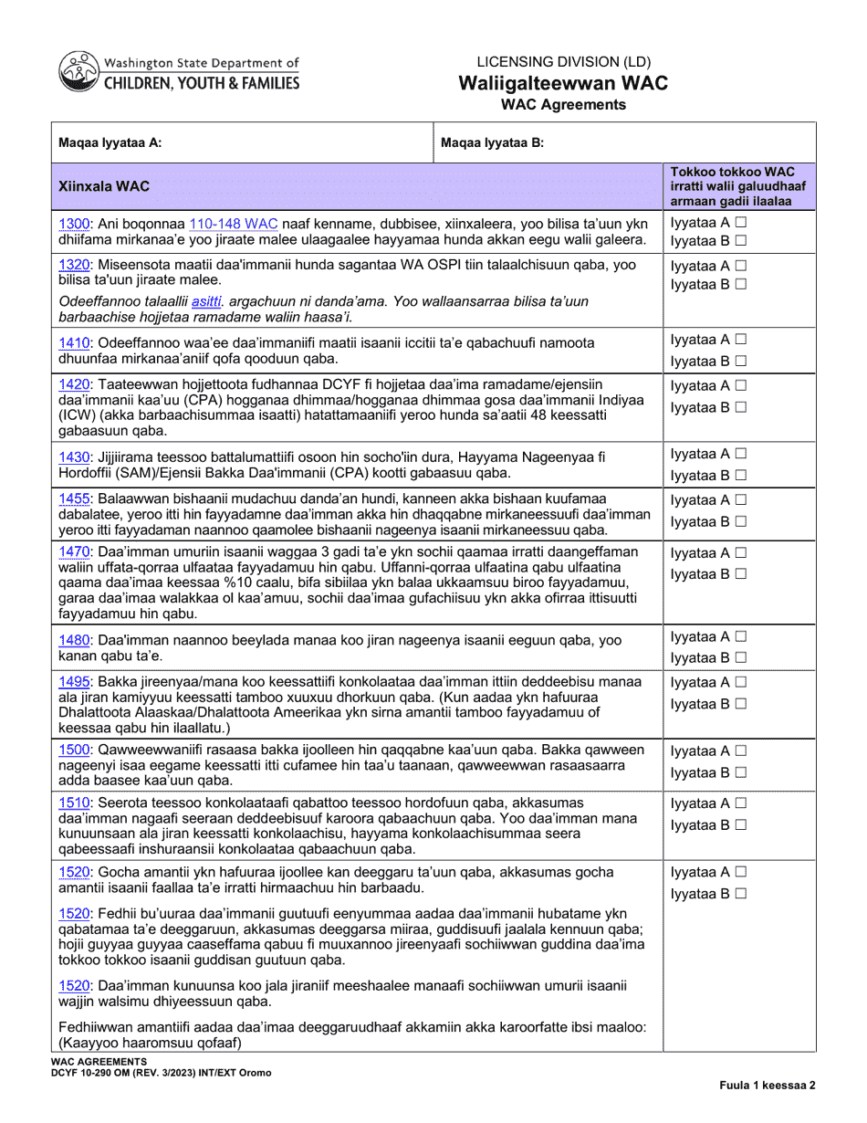 DCYF Form 10-290 Wac Agreements - Washington (Oromo), Page 1