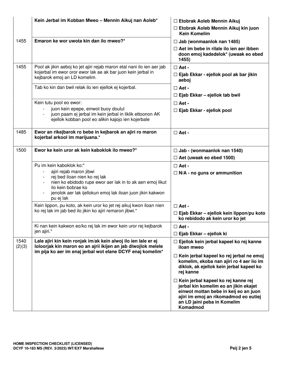 DCYF Form 10-183 Home Inspection Checklist (Licensed) - Washington (Marshallese), Page 2