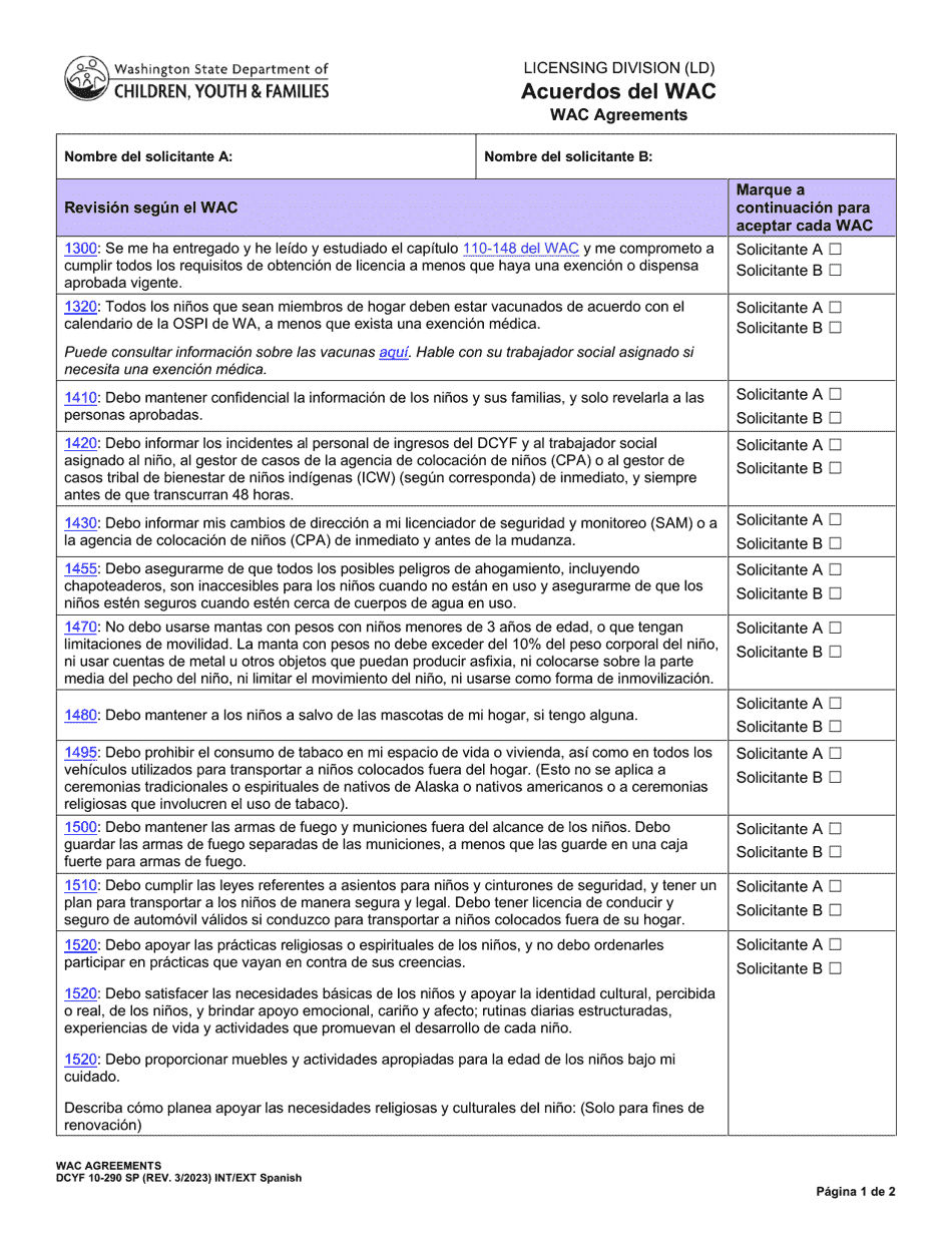 DCYF Formulario 10-290 Acuerdos Del Wac - Washington (Spanish), Page 1