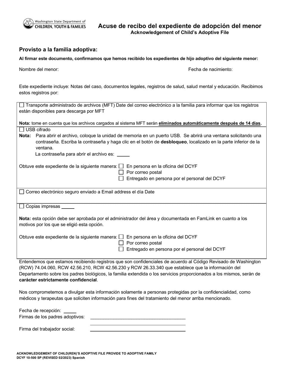 DCYF Formulario 10-500 Acuse De Recibo Del Expediente De Adopcion Del Menor - Washington (Spanish), Page 1