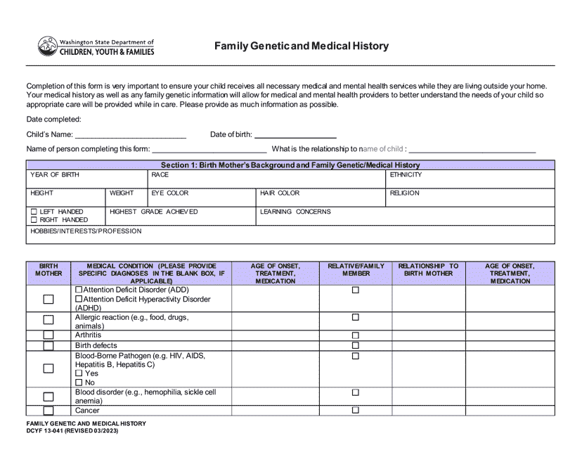 DCYF Form 13-041 Family Genetic and Medical History - Washington
