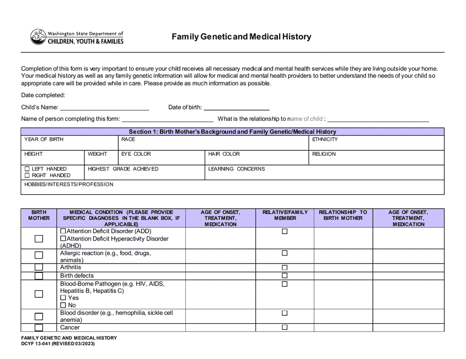 DCYF Form 13-041 Family Genetic and Medical History - Washington, Page 1