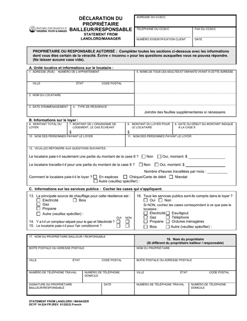 DCYF Form 14-224 Statement From Landlord/Manager - Washington (French)