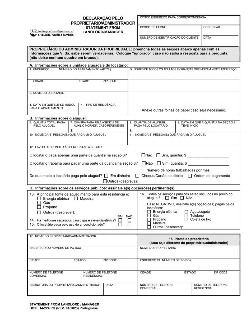 DCYF Form 14-224 Statement From Landlord / Manager - Washington (Portuguese), Page 1