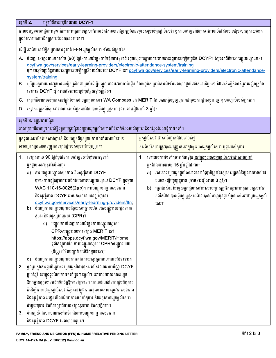 Form DCYF14-417A Family, Friend and Neighbor (Ffn) in-Home / Relative Pending Letter - Washington (Cambodian), Page 2
