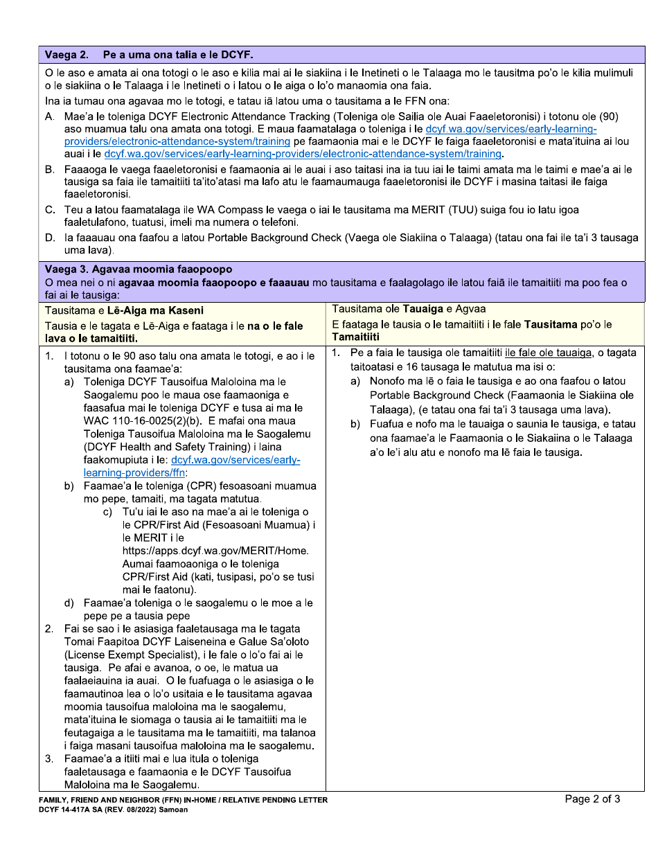 Form DCYF14-417A Family, Friend and Neighbor (Ffn) in-Home / Relative Pending Letter - Washington (Samoan), Page 2