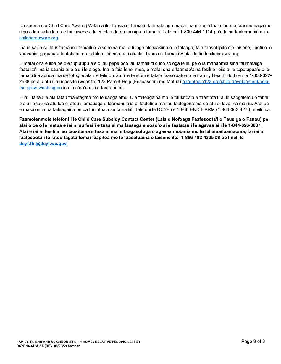 Form DCYF14-417A Family, Friend and Neighbor (Ffn) in-Home / Relative Pending Letter - Washington (Samoan), Page 3