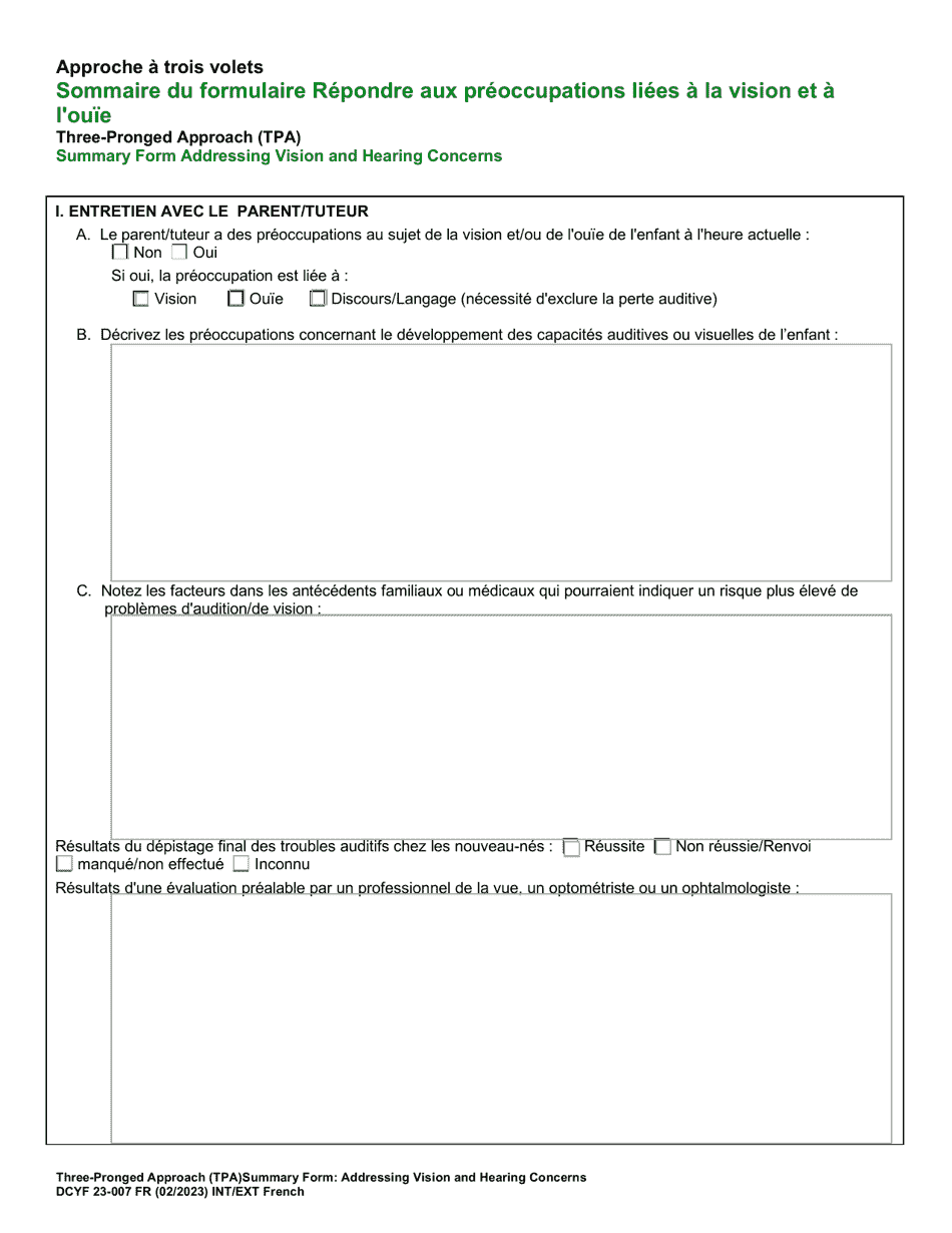 DCYF Form 23-007 Three-Pronged Approach (Tpa) Summary Form Addressing Vision and Hearing Concerns - Washington (French), Page 1