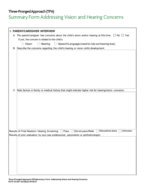 DCYF Form 23-007 Three-Pronged Approach (Tpa) Summary Form Addressing Vision and Hearing Concerns - Washington