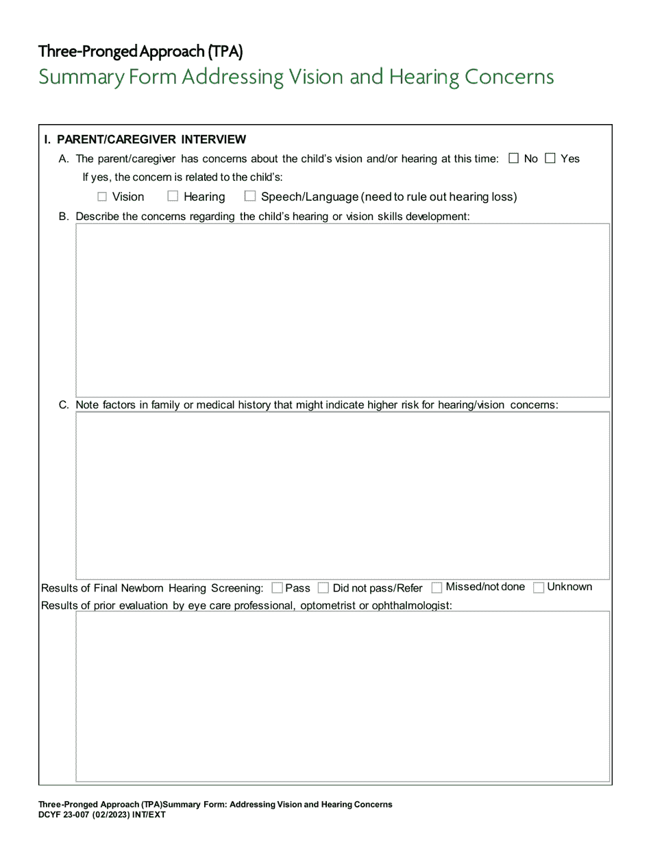 DCYF Form 23-007 Three-Pronged Approach (Tpa) Summary Form Addressing Vision and Hearing Concerns - Washington, Page 1