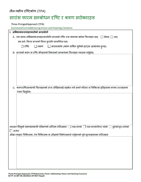 DCYF Form 23-007 Three-Pronged Approach (Tpa) Summary Form Addressing Vision and Hearing Concerns - Washington (Nepali)