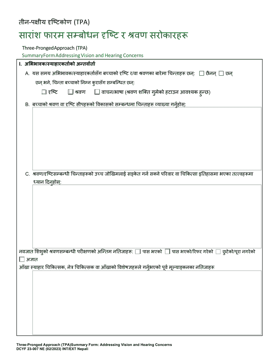 DCYF Form 23-007 Three-Pronged Approach (Tpa) Summary Form Addressing Vision and Hearing Concerns - Washington (Nepali), Page 1